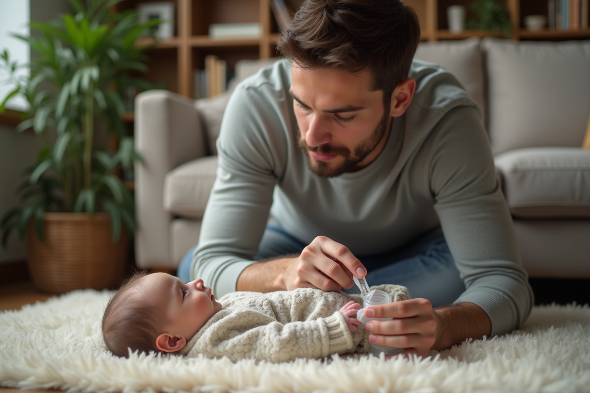 Papa avec bébé garçon dans le salon avec couverture et jouets