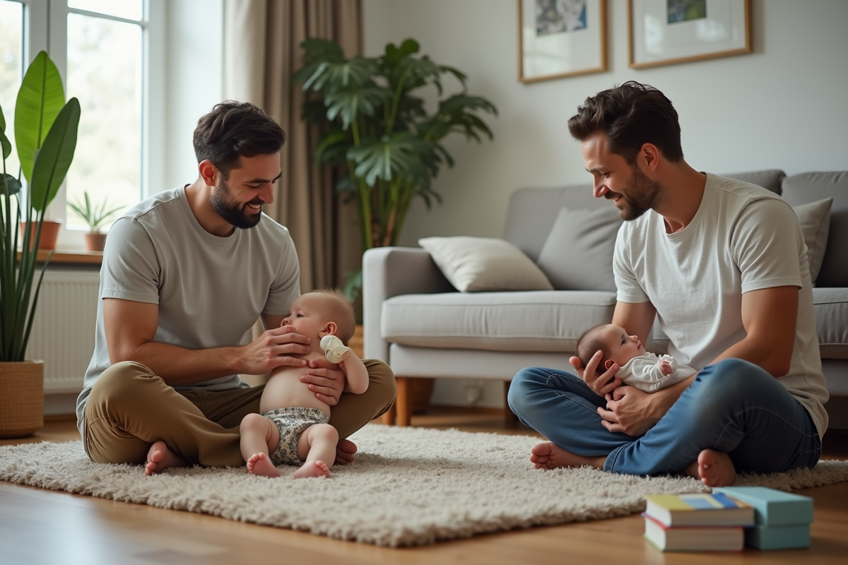 Père aidant à donner le biberon à un enfant en famille