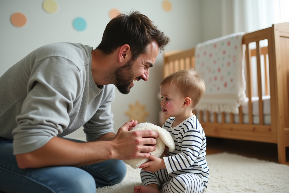 Père réconfortant son enfant dans une chambre douce