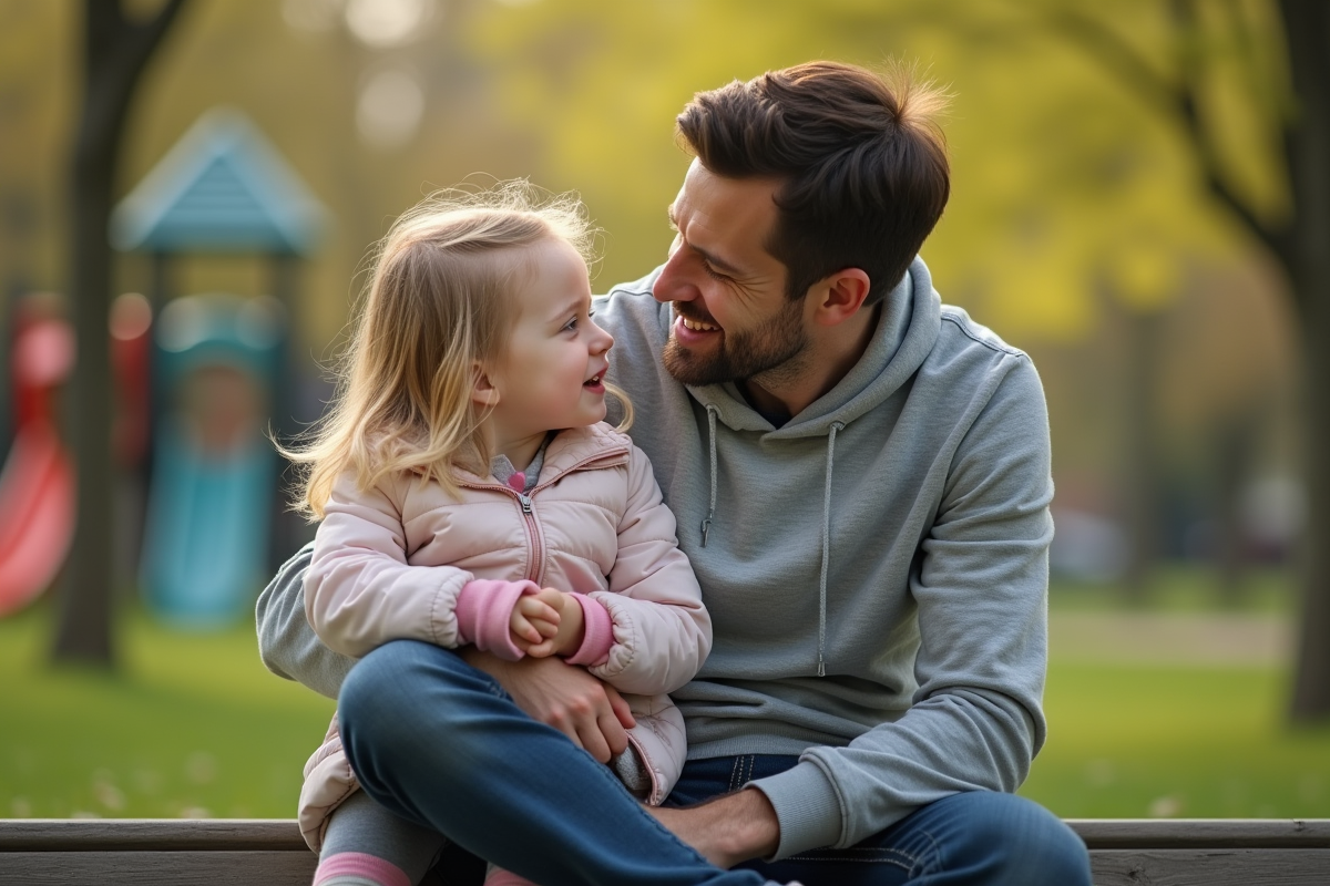 Papa console sa fille dans un parc printanier