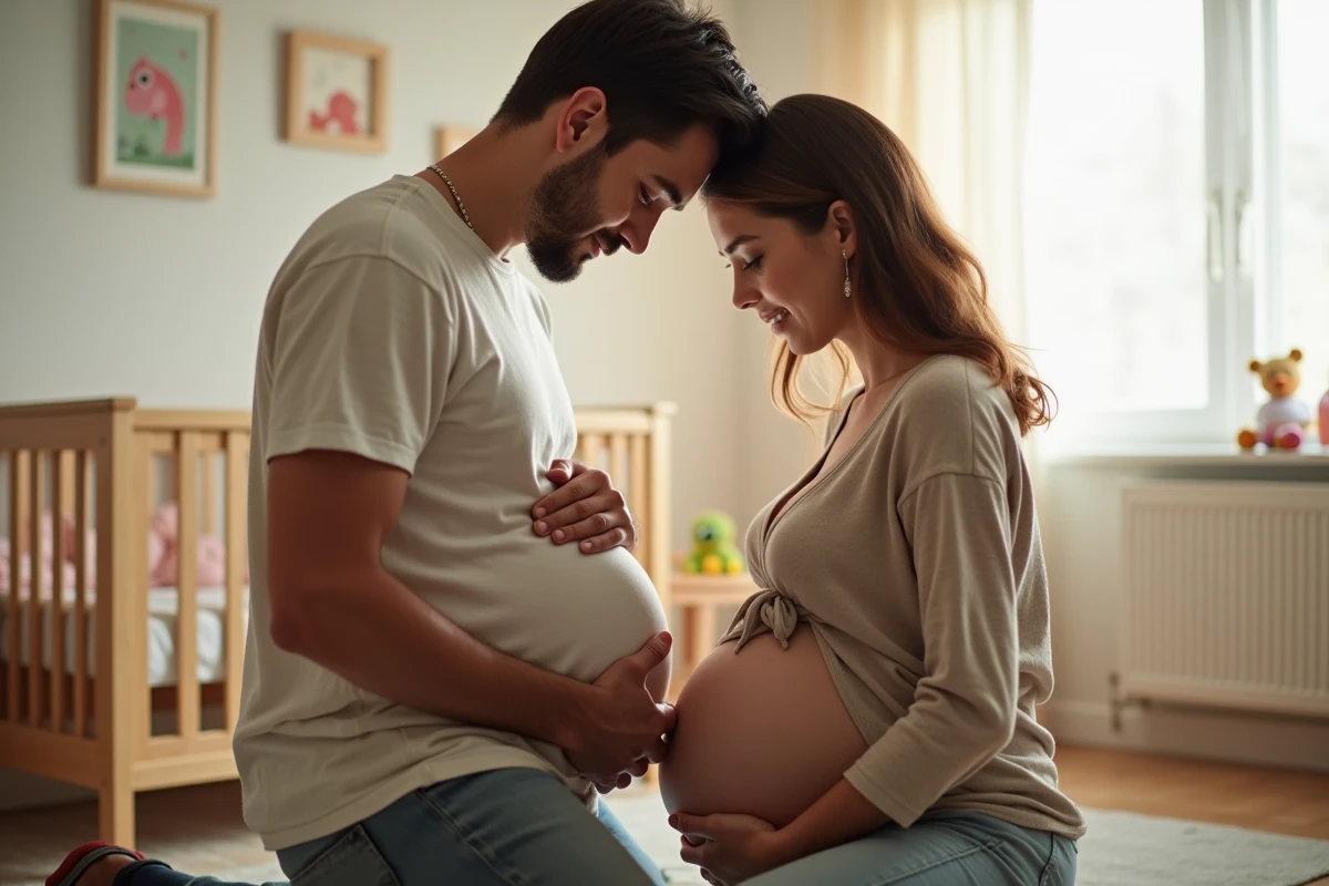 Pere écoute le ventre de sa partenaire dans une nurserie