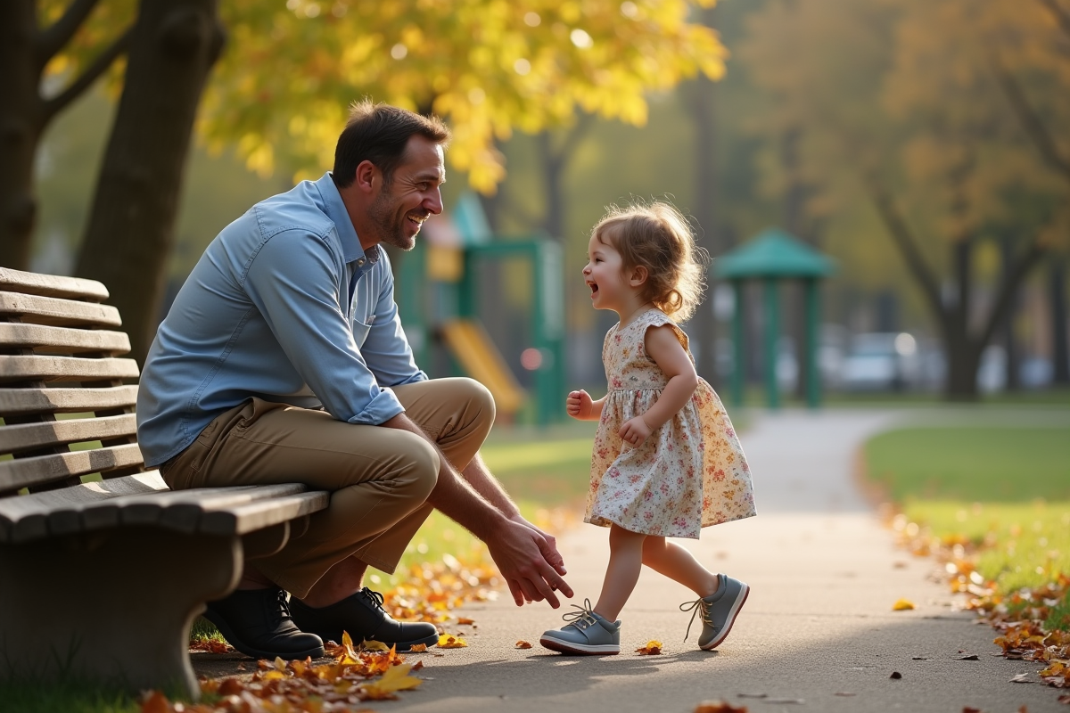 Père aidant sa fille à lacer ses chaussures dans un parc en automne
