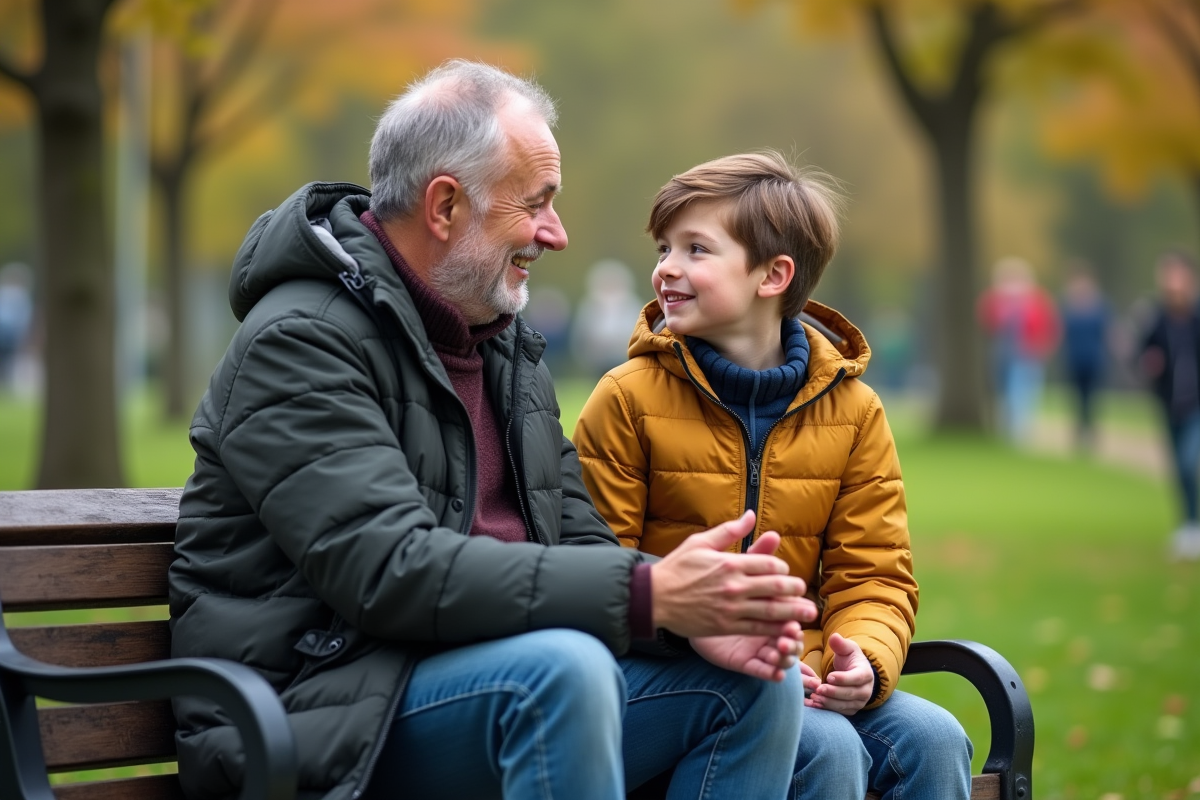 Père et fils discutant sur un banc dans un parc urbain