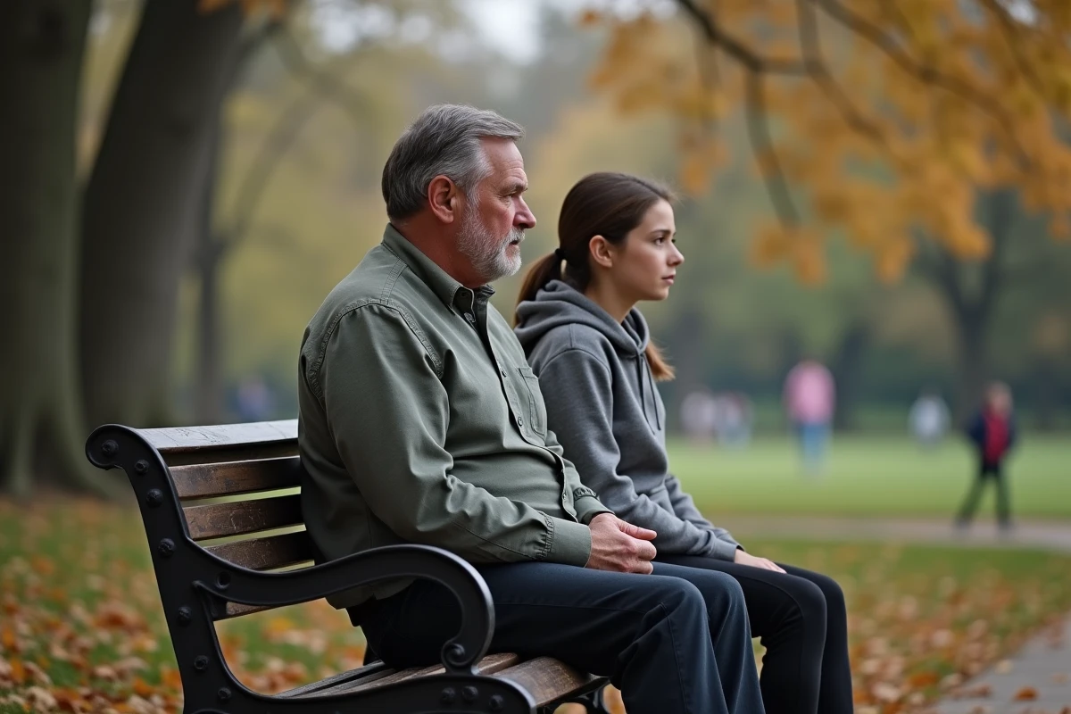 Père et fille dans le parc en réflexion silencieuse