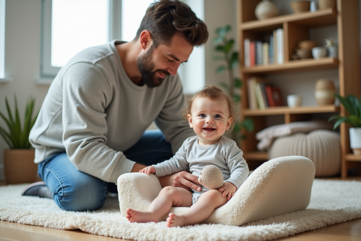 Papa plie un coussin de sommeil pour bébé dans le salon moderne
