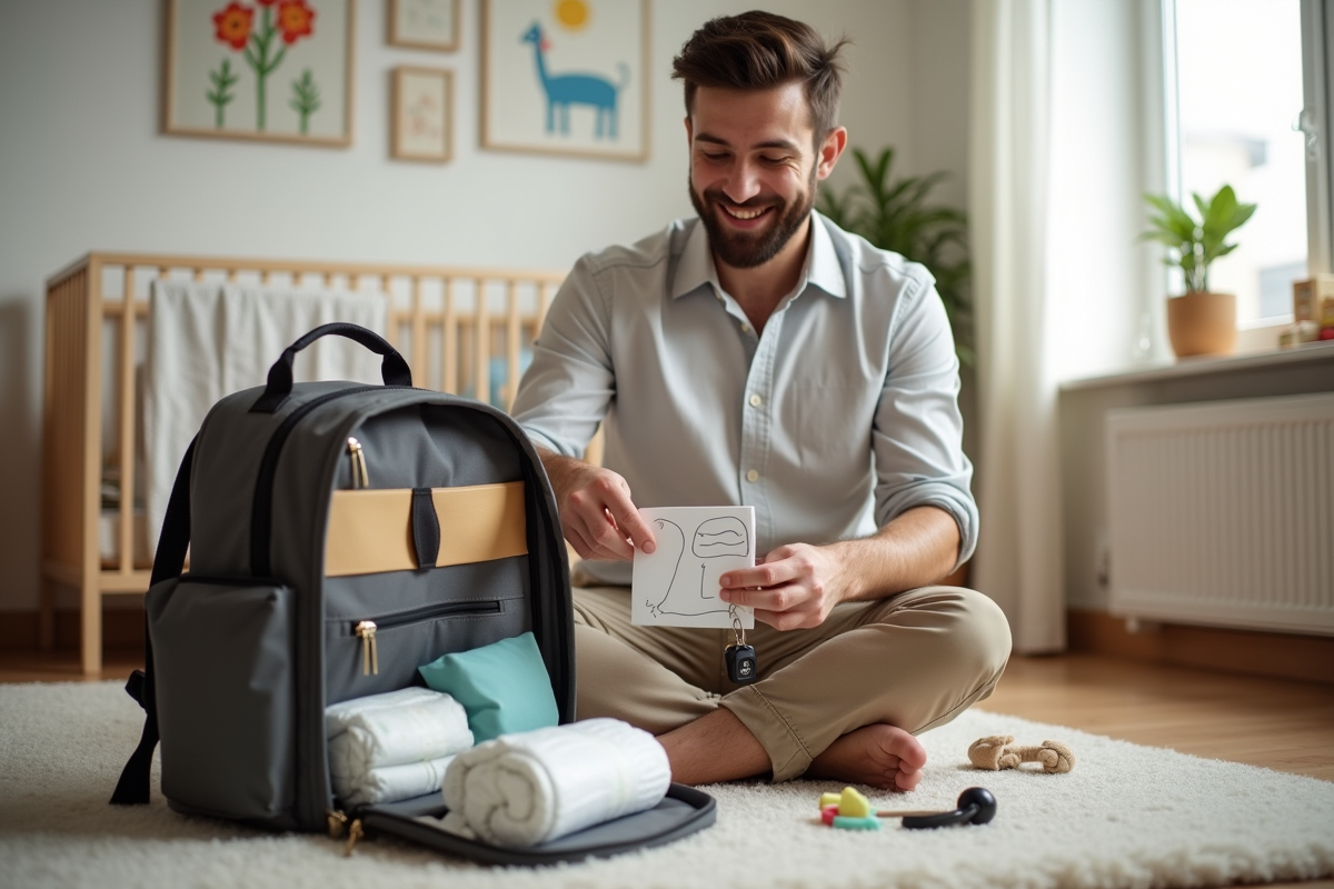 Papa prépare un sac à dos dans une nurserie chaleureuse