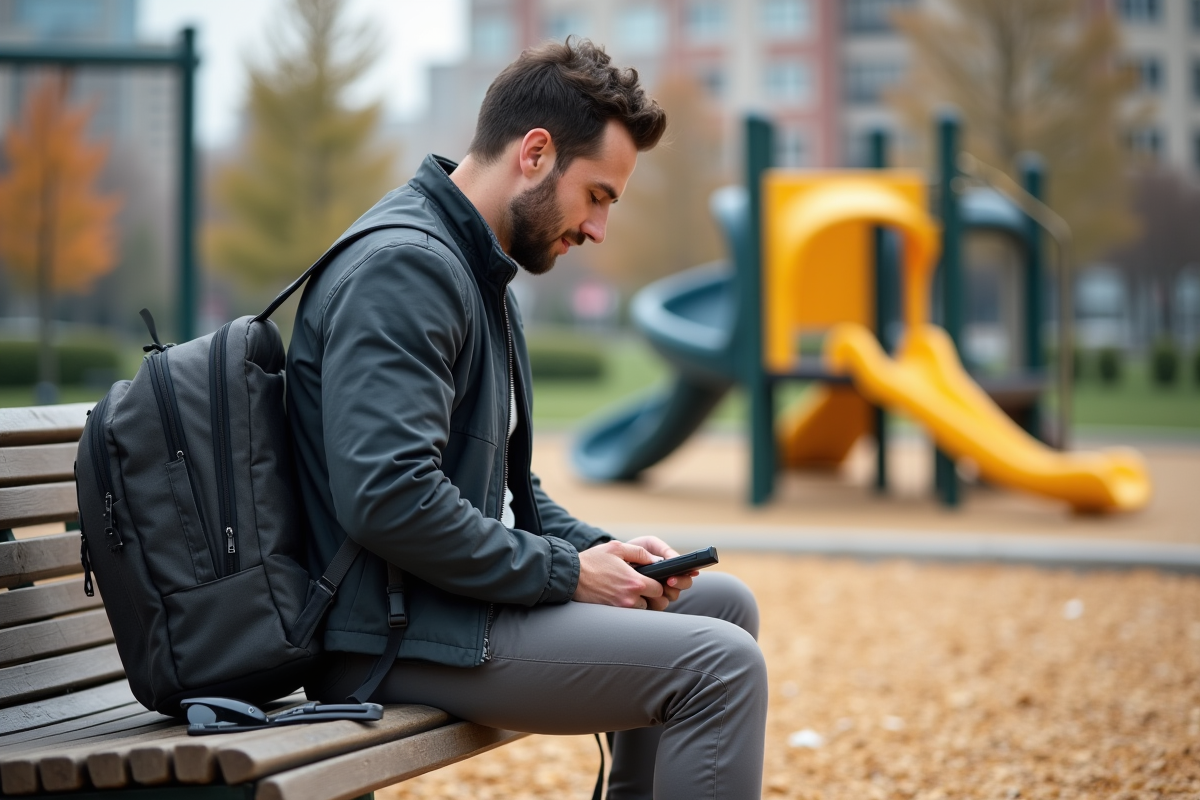 Papa zippant le sac à langer dans un parc urbain