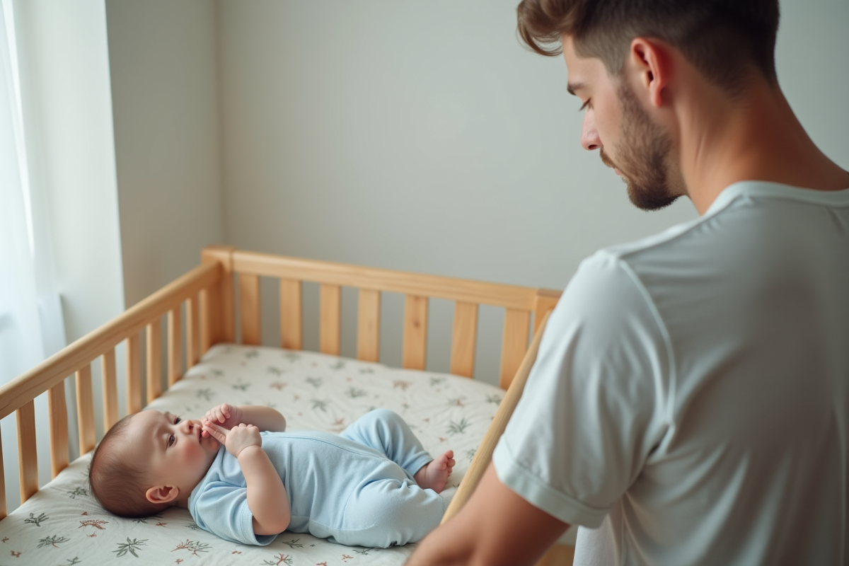 Pere regardant son bebe dans un lit moderne dans une nurserie minimaliste