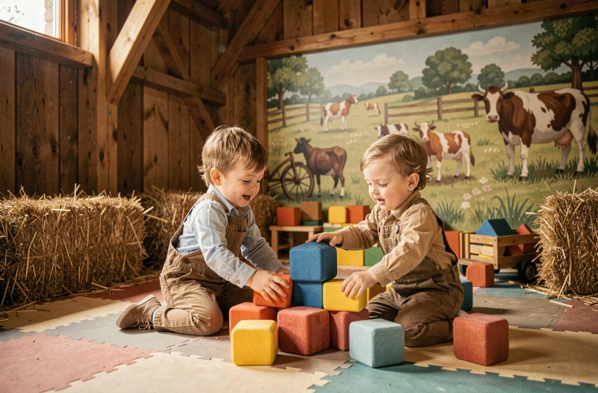 Le Parc de la Vallée à Massais avec intérieur de grange rustique et enfants jouant avec des blocs mous sur tapis