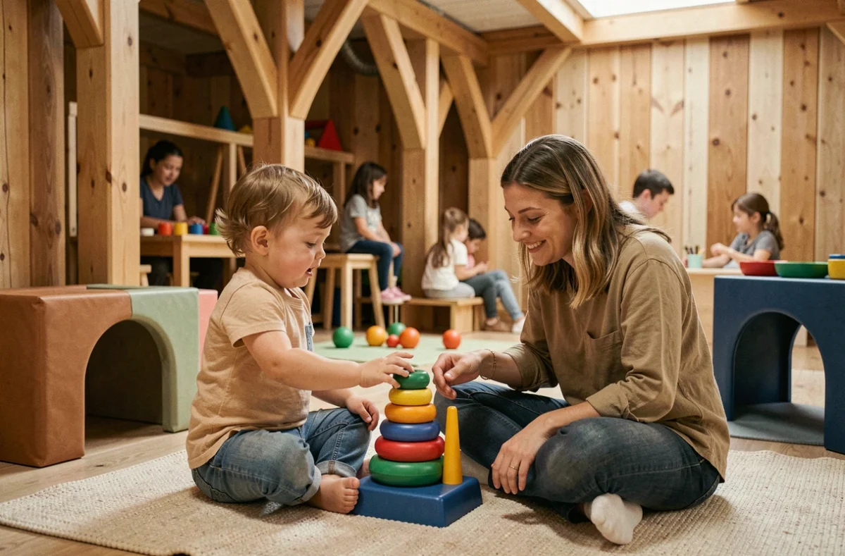 Parc Wizz'Titi à Ussac avec espace sensoriel pour tout-petits et mère jouant avec son enfant sur un tapis doux