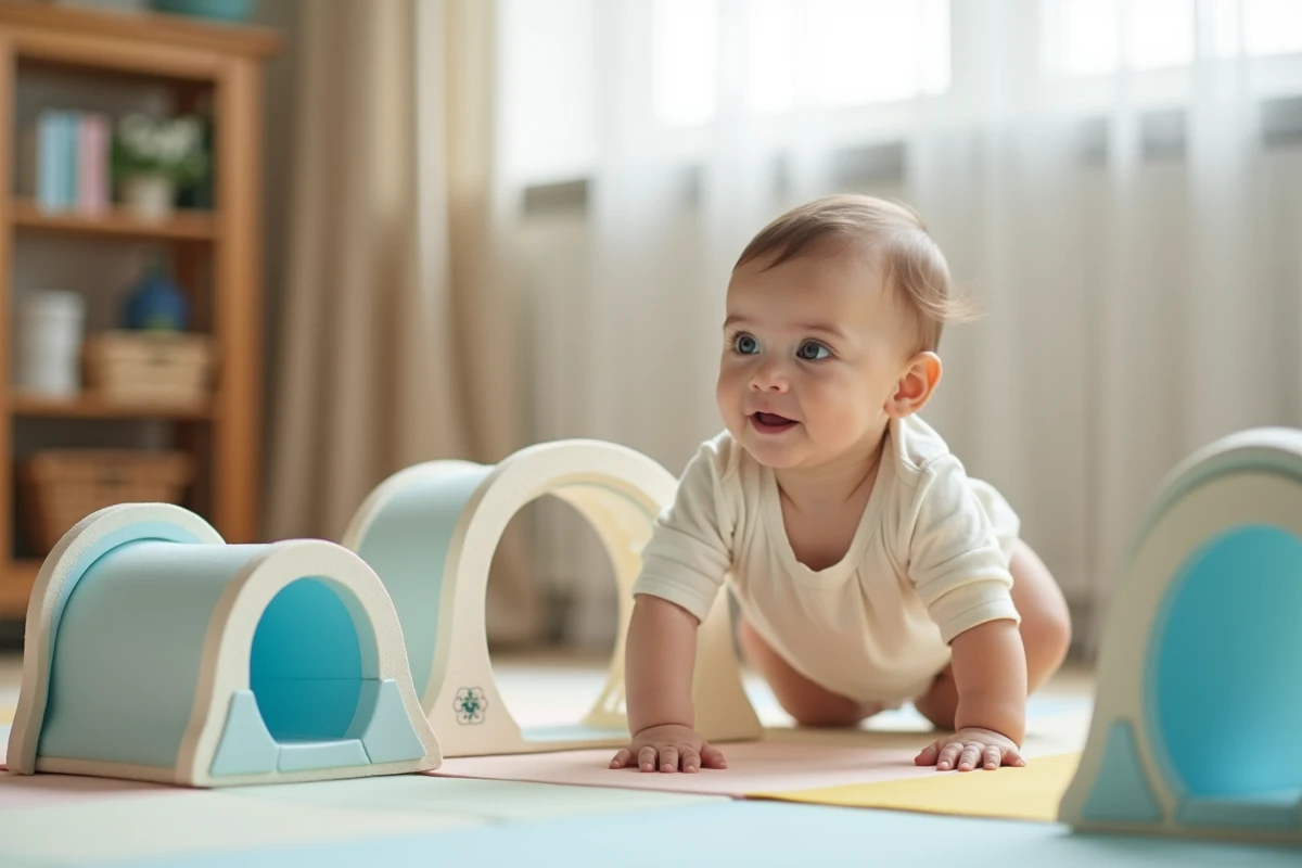 Bébé de 8 mois rampant sur un parcours motricité en mousse avec tunnel et rampes dans un salon familial
