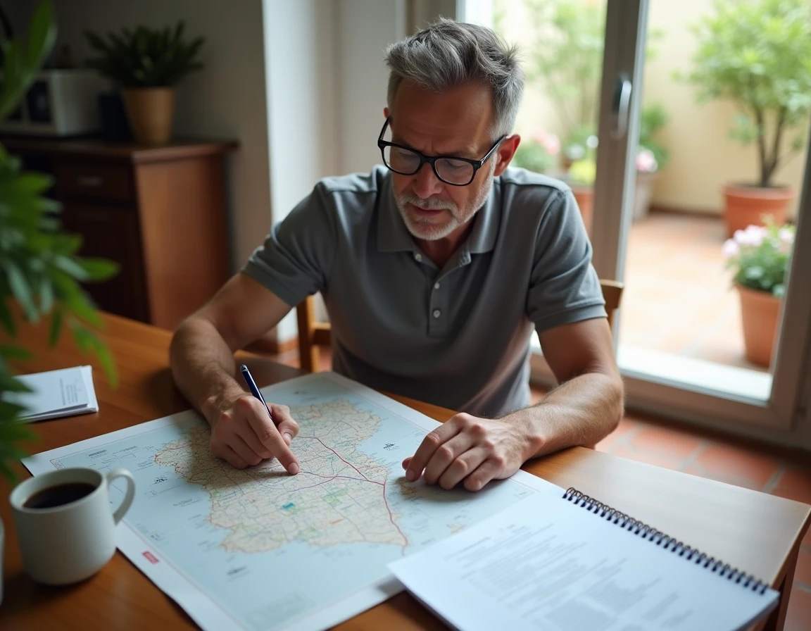 Père consultant une carte des zones scolaires de Montpellier à son domicile pour préparer l'inscription scolaire 2026