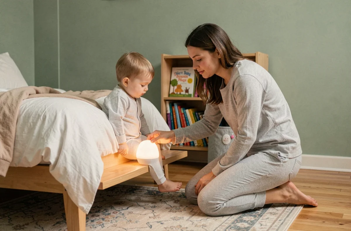 Parent installant une veilleuse sans fil sur une étagère à hauteur d'enfant lors de la routine du coucher