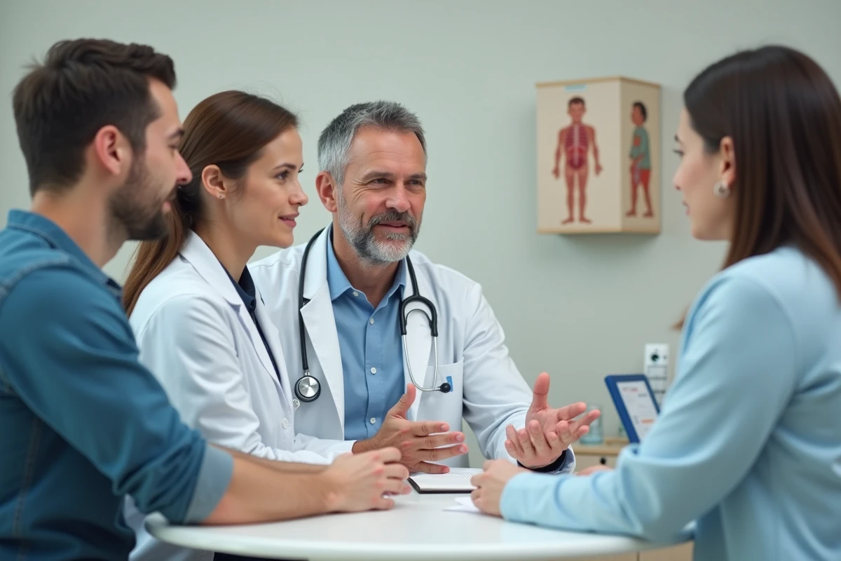 Pédiatre expliquant des conseils de santé à de jeunes parents lors d'une consultation médicale