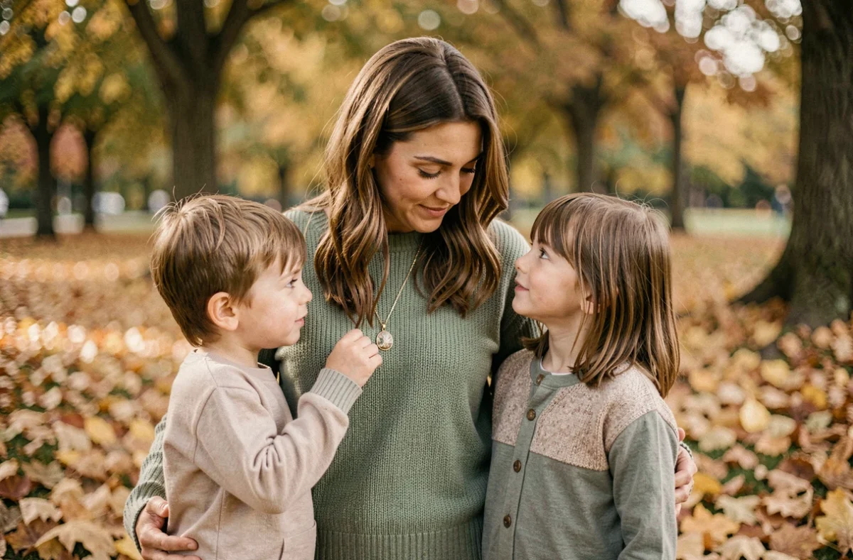 Mère et ses deux enfants dans un parc en automne, touchant le pendentif gravé avec les prénoms de la famille