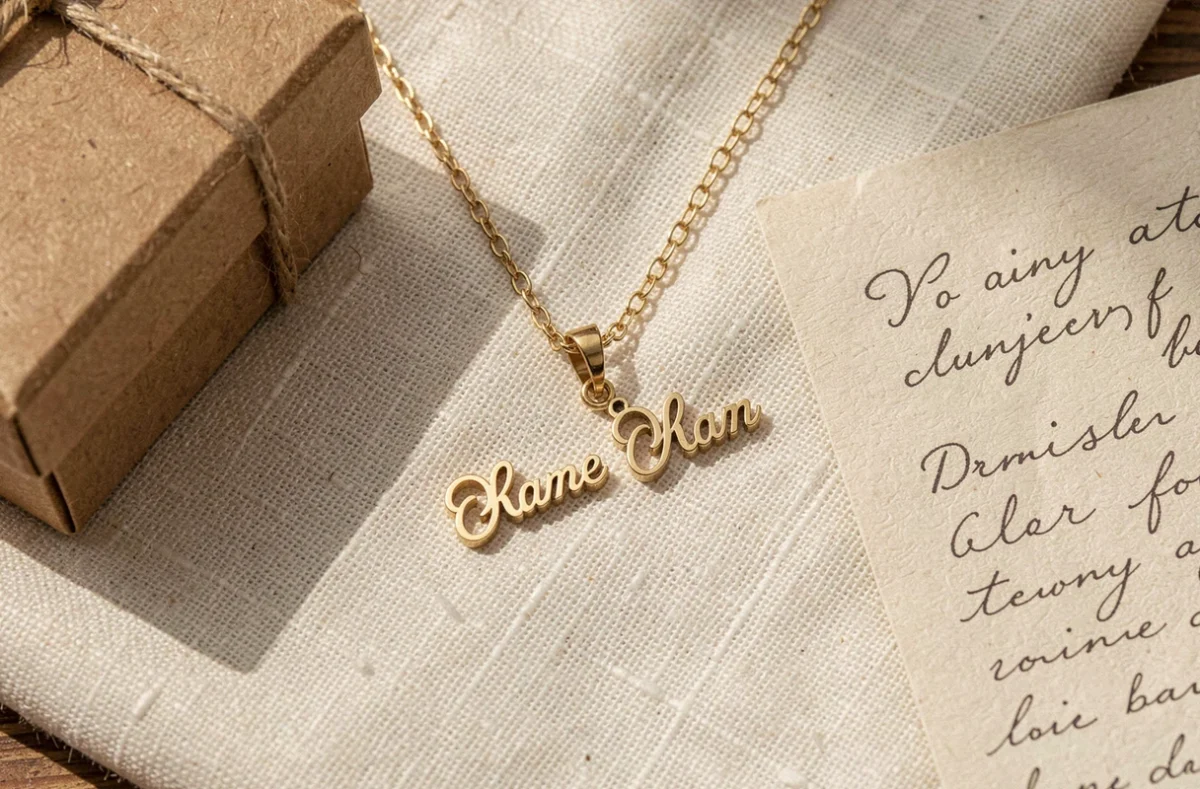 Vue aérienne d'un pendentif en or gravé avec des prénoms d'enfants, présenté comme un cadeau pour la fête des mères