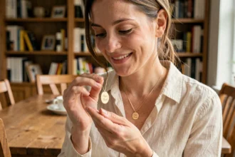 Femme tenant un pendentif personnalisé avec prénoms d'enfants gravés, souriant avec émotion dans un intérieur chaleureux