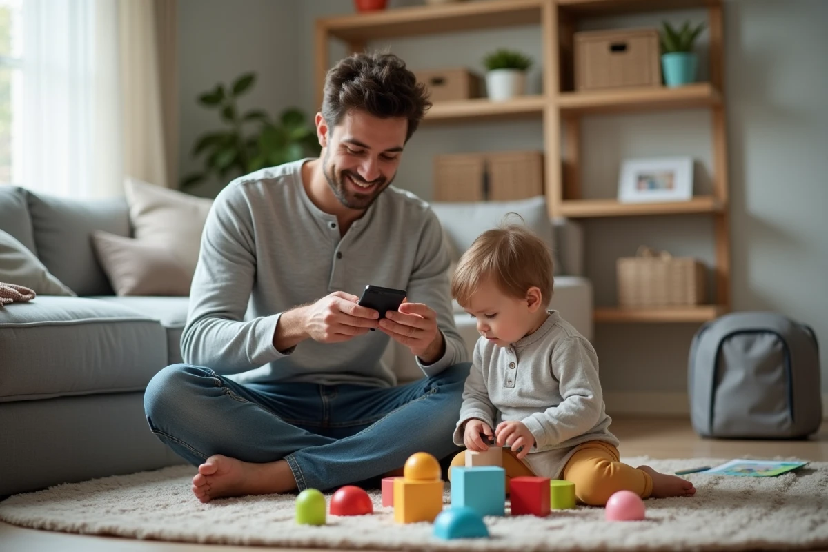 Père consultant une application parentale sur smartphone tout en jouant avec son jeune enfant dans le salon