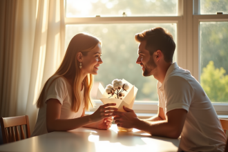 Jeune couple souriant échangeant une fleur de coton au petit déjeuner