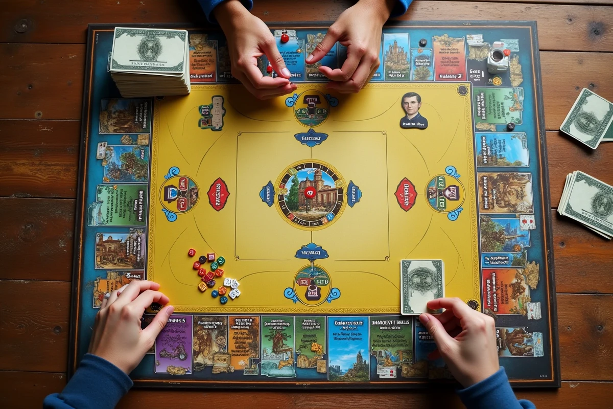 Vue aérienne du plateau de jeu Bonne Paye avec cartes, billets et pions en pleine partie