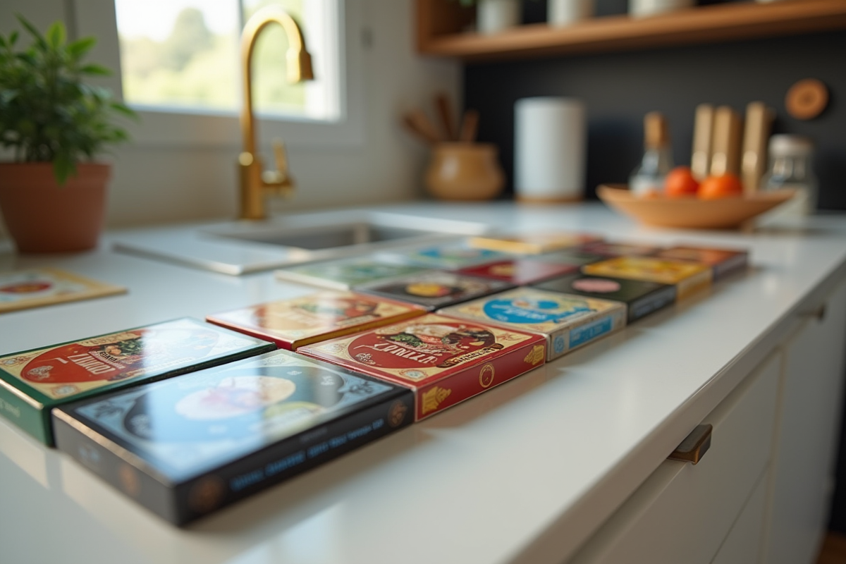 Plateau de jeux et cartes bien rangés sur un plan de cuisine lumineux