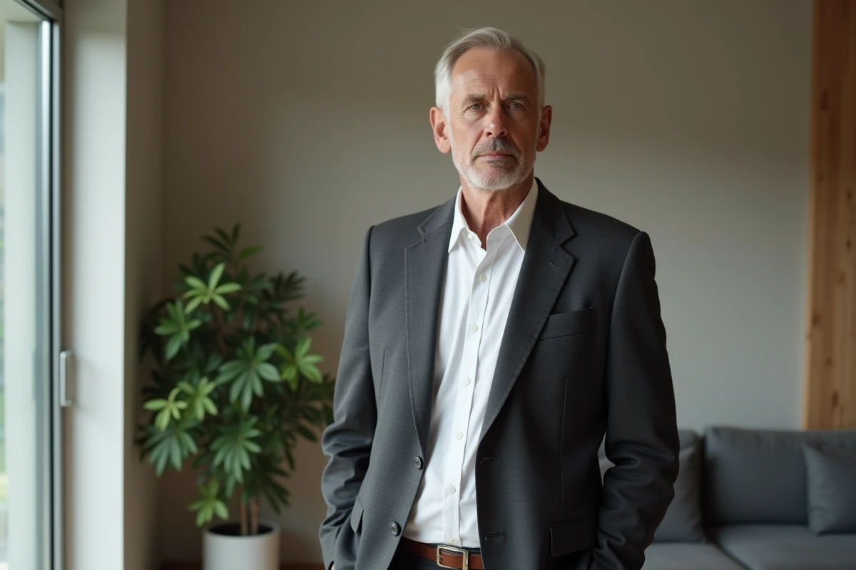 Portrait éditorial d'un chef célèbre près d'une fenêtre, expression réfléchie évoquant la vie privée et la famille