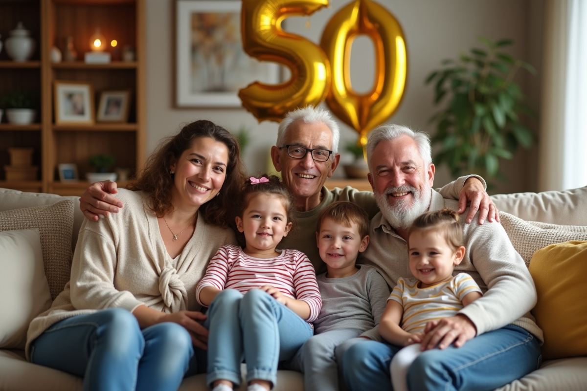 Couple agee entouré de leurs enfants et petits enfants en intérieur