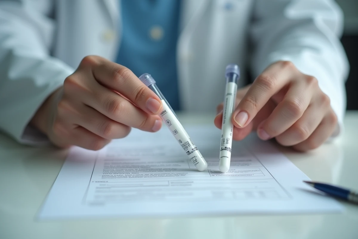 Gros plan de deux mains tenant des tubes de prélèvement ADN pour un test de fraternité en France