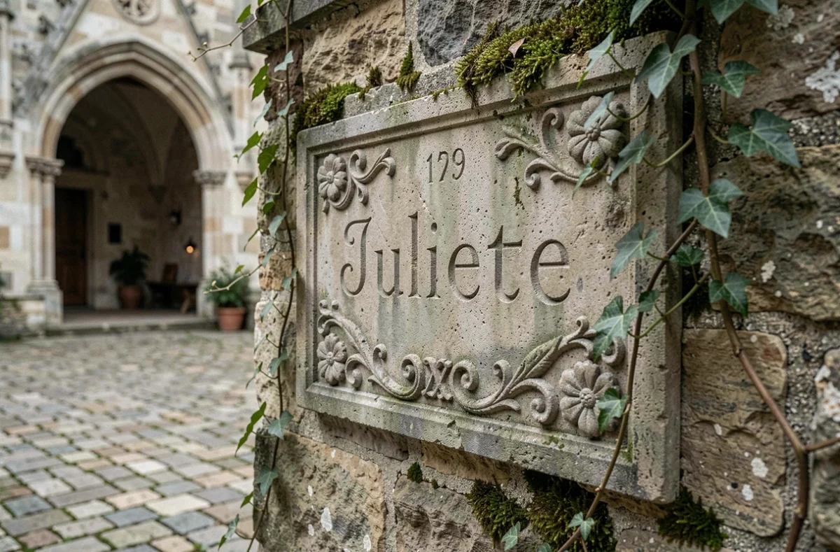 Inscription en pierre ancienne du prénom Juliette avec motifs floraux dans une cour historique française évoquant son étymologie latine