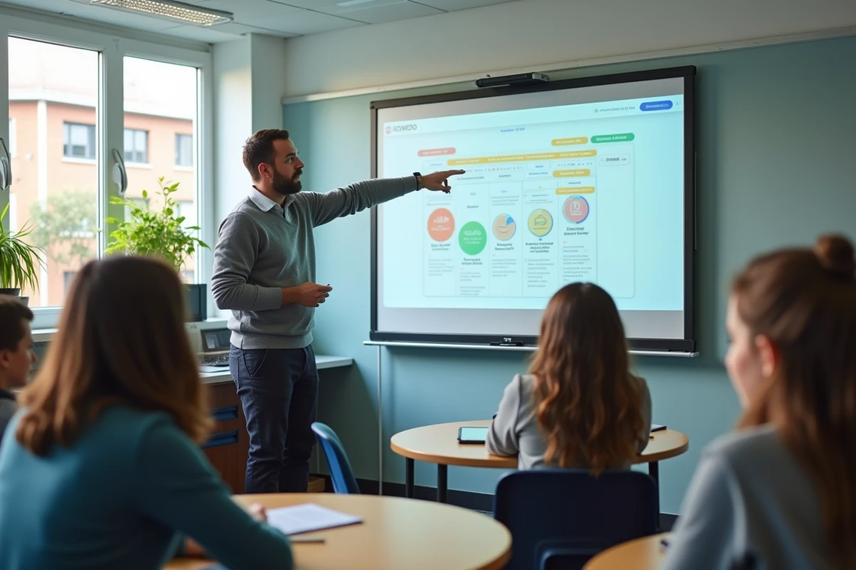 Professeur présentant une plateforme éducative numérique sur tableau blanc interactif devant ses élèves