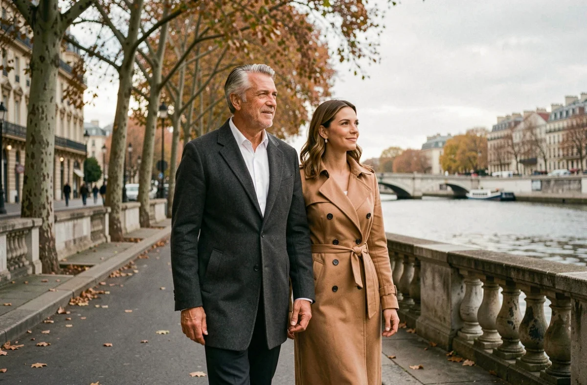 Couple se promenant sur les quais de Seine en automne, évoquant la vie discrète et amoureuse d'un journaliste célèbre et sa compagne