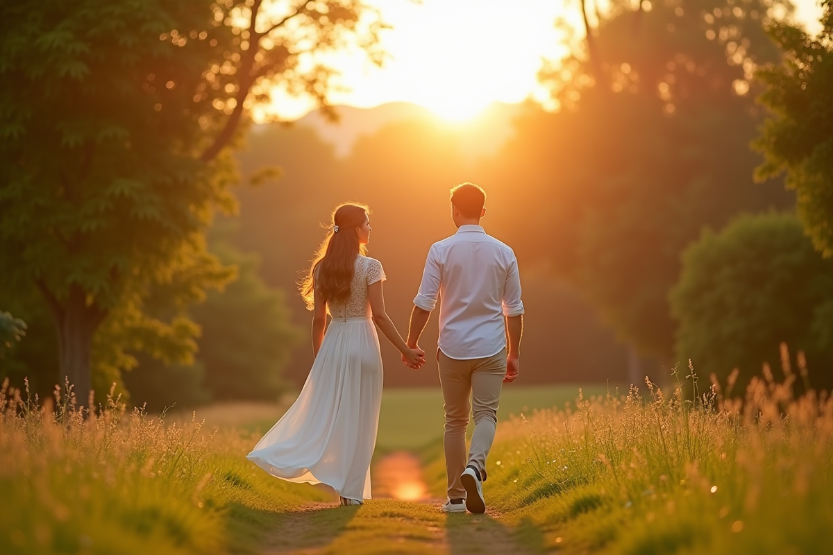 Couple main dans la main dans un parc en fin d