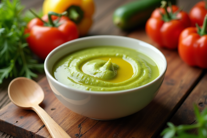Petite coupe de purée de légumes maison pour bébé sur une table en bois