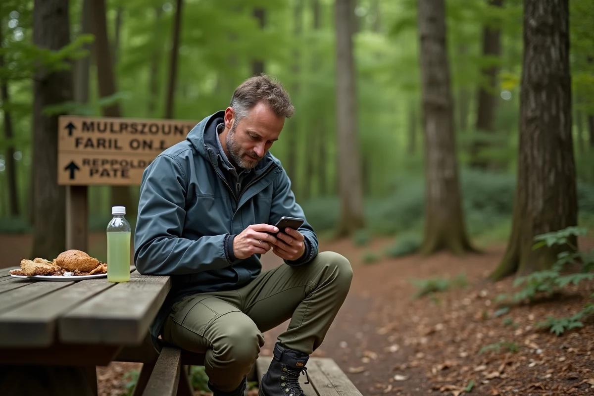 Randonneur consultant son téléphone près d'un sentier forestier en Seine-et-Marne lors d'une escapade sans voiture