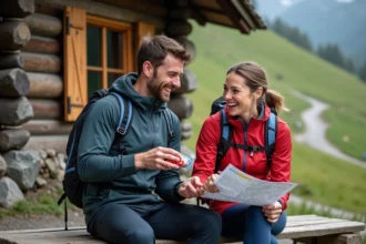Homme et femme en trail partageant une carte en montagne