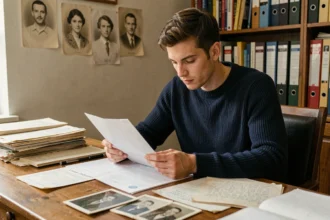 Jeune homme français étudiant des documents généalogiques et des photos de famille dans un bureau personnel, illustrant une recherche sur les origines et les parents