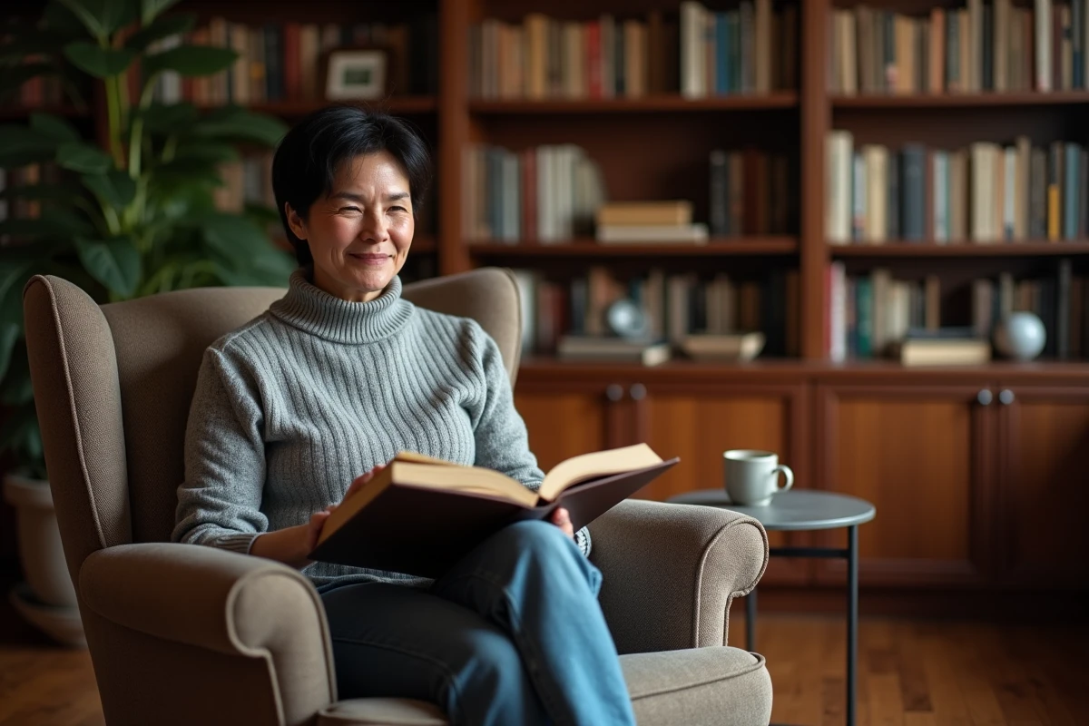 Reporter dans un fauteuil de lecture chez elle, livre ouvert sur les genoux, sourire discret dans un intérieur chaleureux et personnel