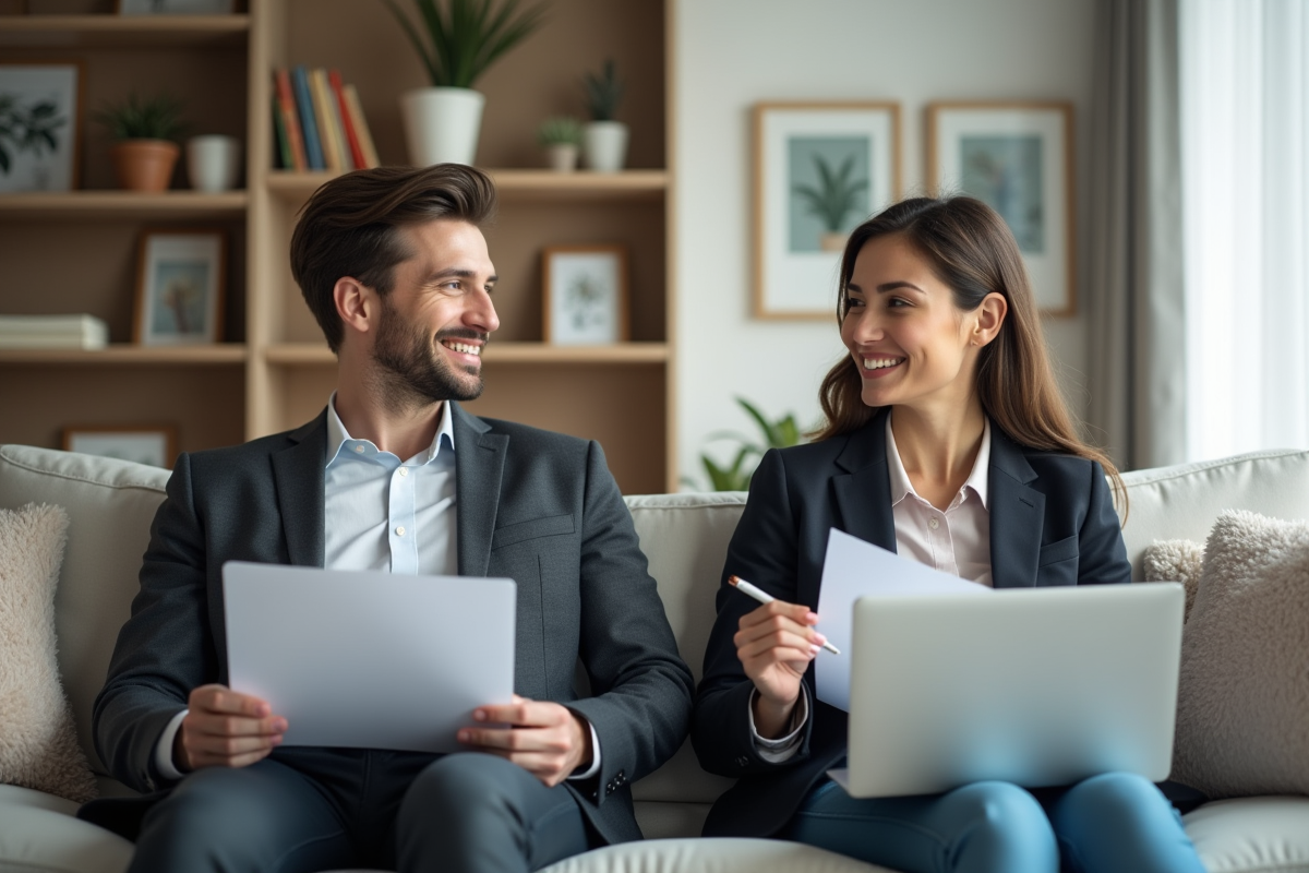 Homme et femme en visioconference signant des documents