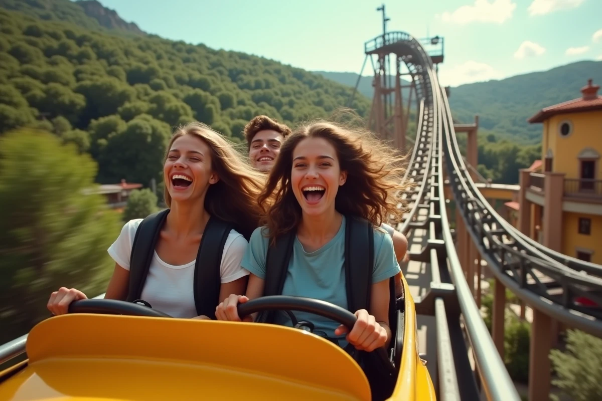 Groupe de jeunes adultes en pleine descente sur un grand roller coaster de PortAventura Park