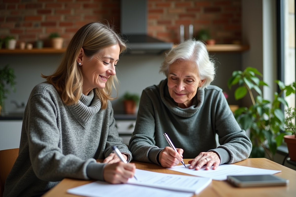 Deux femmes signant des papiers dans leur environnement quotidien