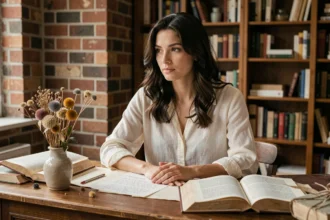 Jeune femme pensive entourée de livres d'étymologie évoquant l'histoire et la signification du prénom Juliette