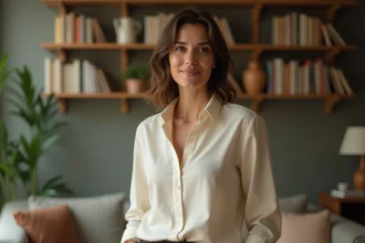 Femme dans la quarantaine posant dans un salon chaleureux, illustrant la vie privée préservée d'une personnalité publique