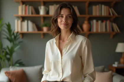 Femme dans la quarantaine posant dans un salon chaleureux, illustrant la vie privée préservée d'une personnalité publique
