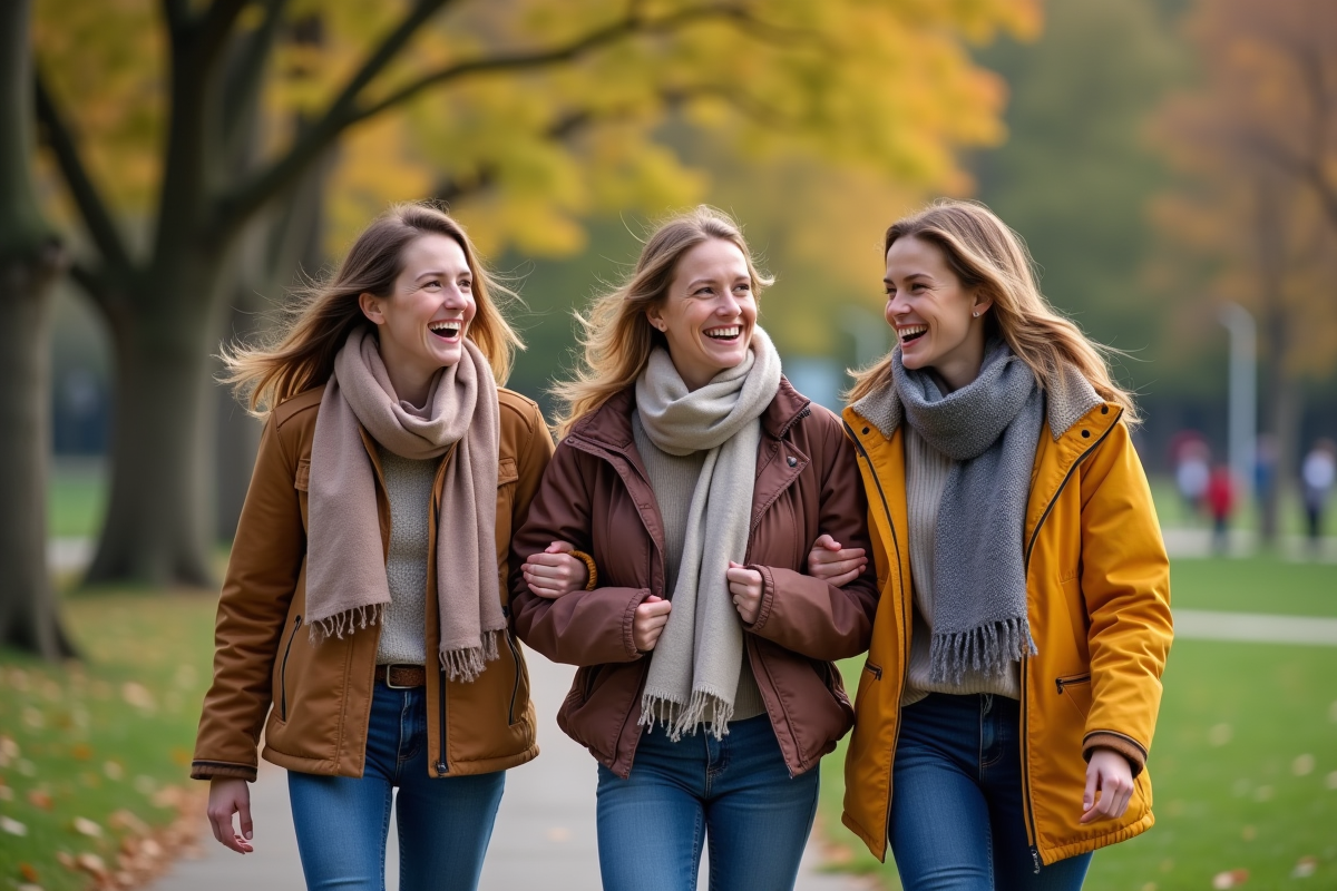 Trois soeurs marchant dans un parc en souriant