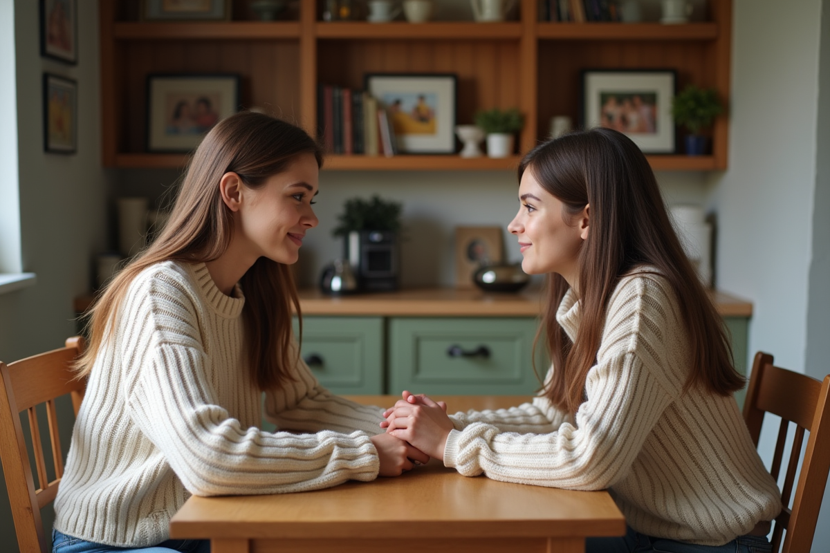 Deux soeurs assises ensemble à la cuisine partageant un moment intime