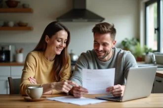 Couple marié examinant ensemble des documents contractuels à la table de cuisine, illustrant la solidarité des époux selon l'article 220 du Code civil