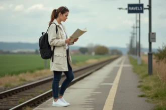 Femme consultant une carte sur un quai de gare rurale en Seine-et-Marne lors d'une sortie sans voiture