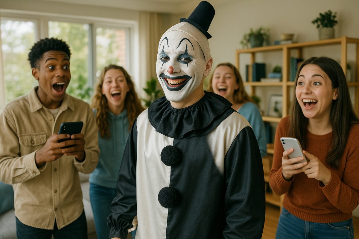 Jeune déguisé en Art the Clown dans un salon lumineux