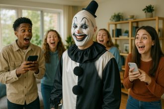 Jeune déguisé en Art the Clown dans un salon lumineux