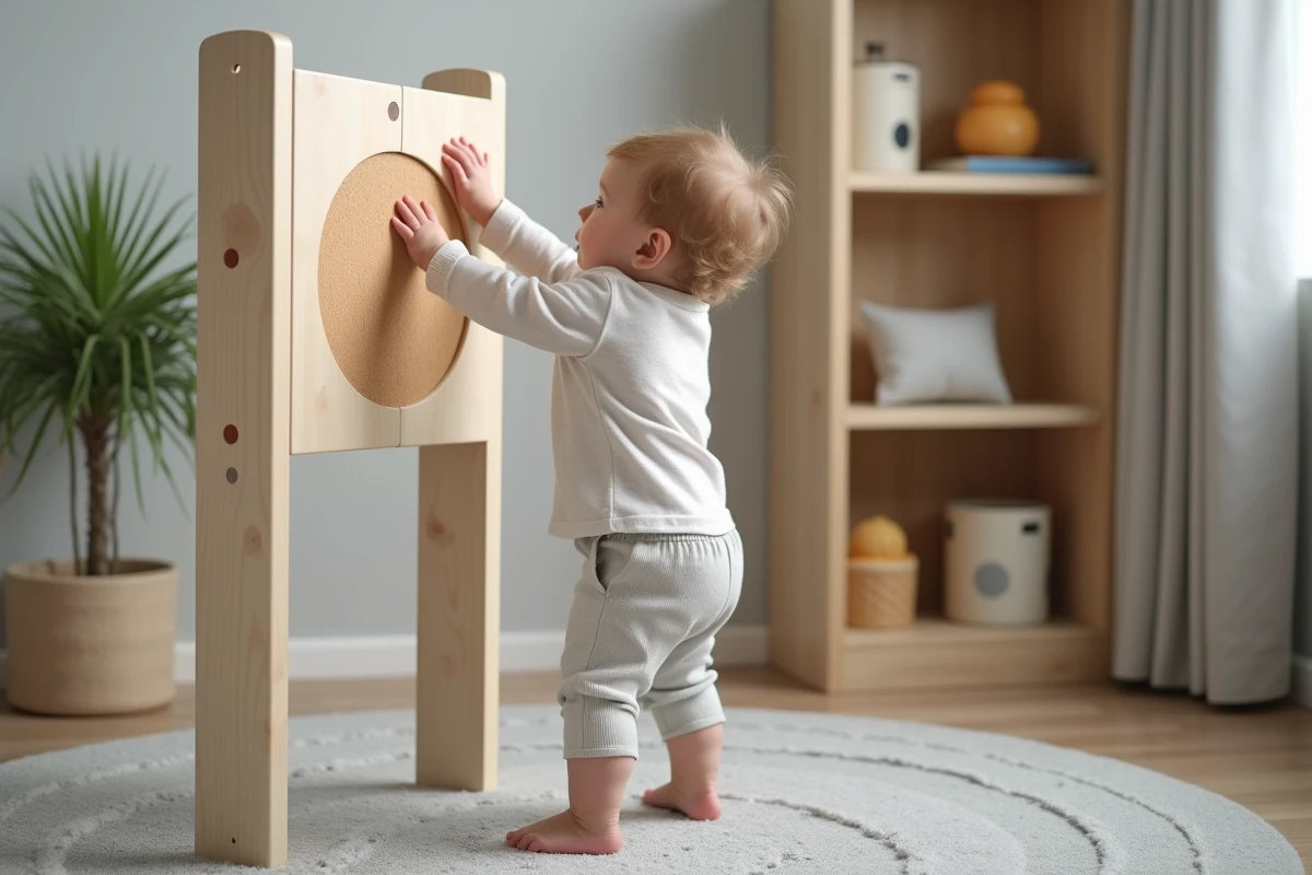Tout-petit de 12 mois debout explorant un panneau sensoriel sur parcours motricité modulable dans un coin jeux